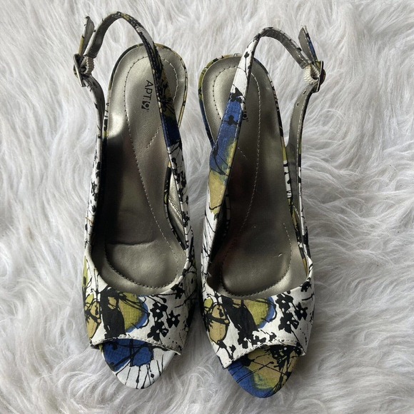 Apt 9 Womens 7M White Blue Green Floral Open Toe Pumps Watercolor Career Work - Picture 2 of 13
